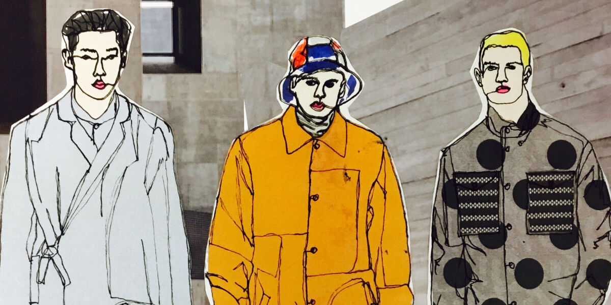 HND Fashion Design student design piece with 3 male clothing designs