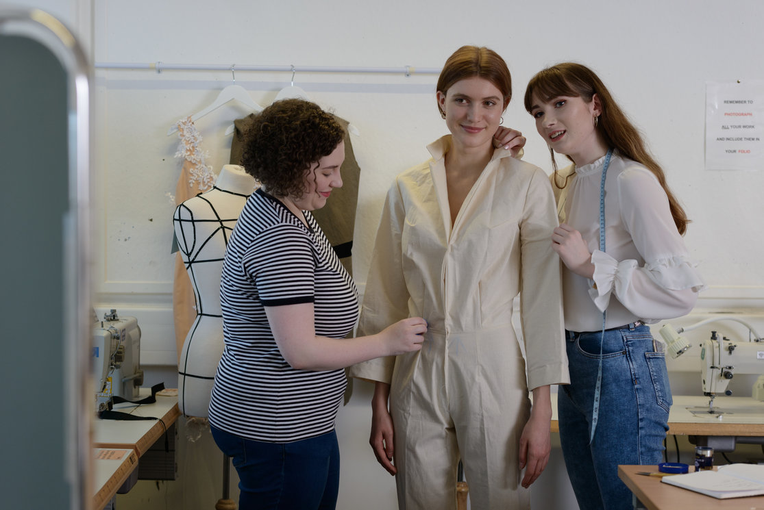Hnd textiles year 2   2 female students with model measuring up   image 4 gallery