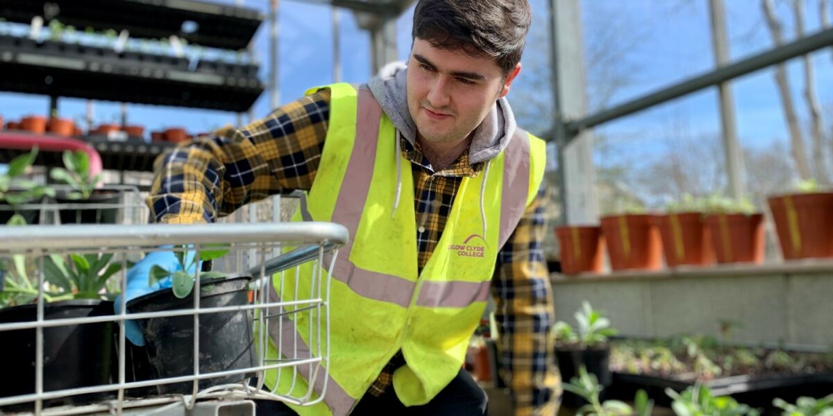 Male student arranging plants 