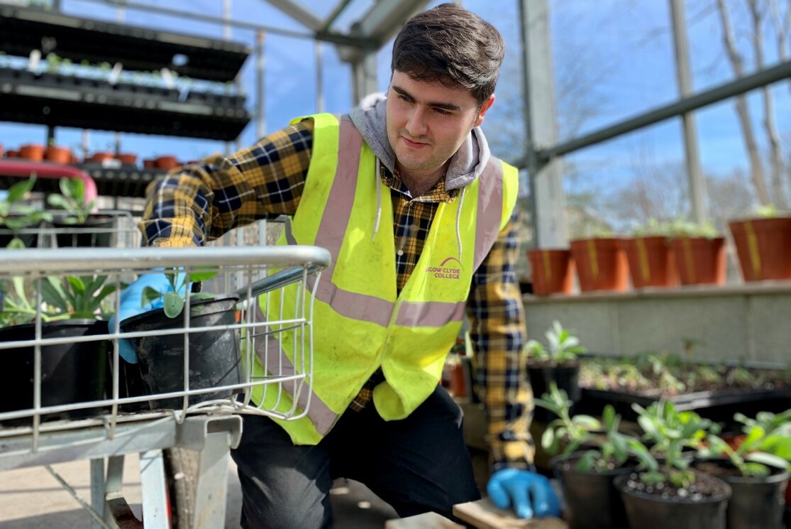 Male student arranging plants gallery