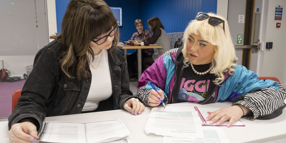 Glasgow Clyde College HND Business students doing group work in the Innovation Centre.