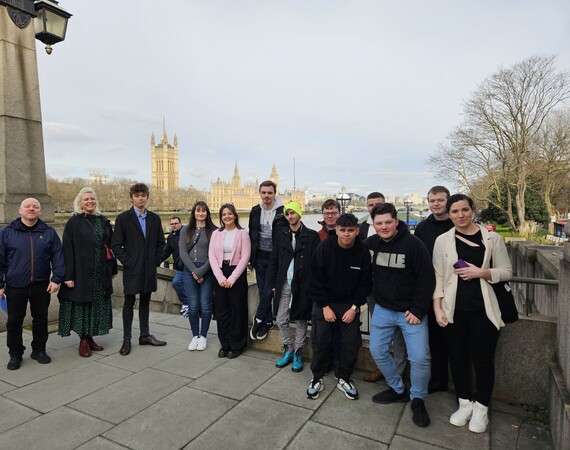 Journalism students outside Parliament 