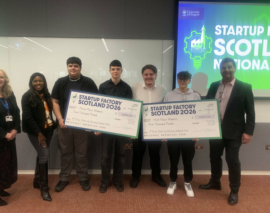 Winning students who participated in the Start up Scotland Final along with Bayile Adeoti and Robert Anderson.