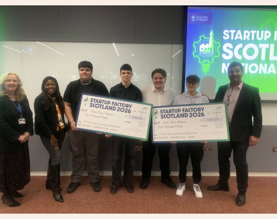 Winning students who participated in the Start up Scotland Final along with Bayile Adeoti and Robert Anderson.