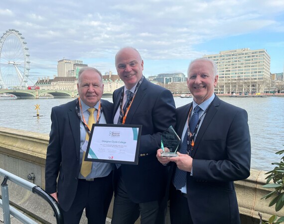 Image shows John Canning from Glasgow Clyde College with the Beacon award, alongside Alistair McGhee of Glasgow Kelvin College and 
Dugald Craig of New College Lanarkshire
