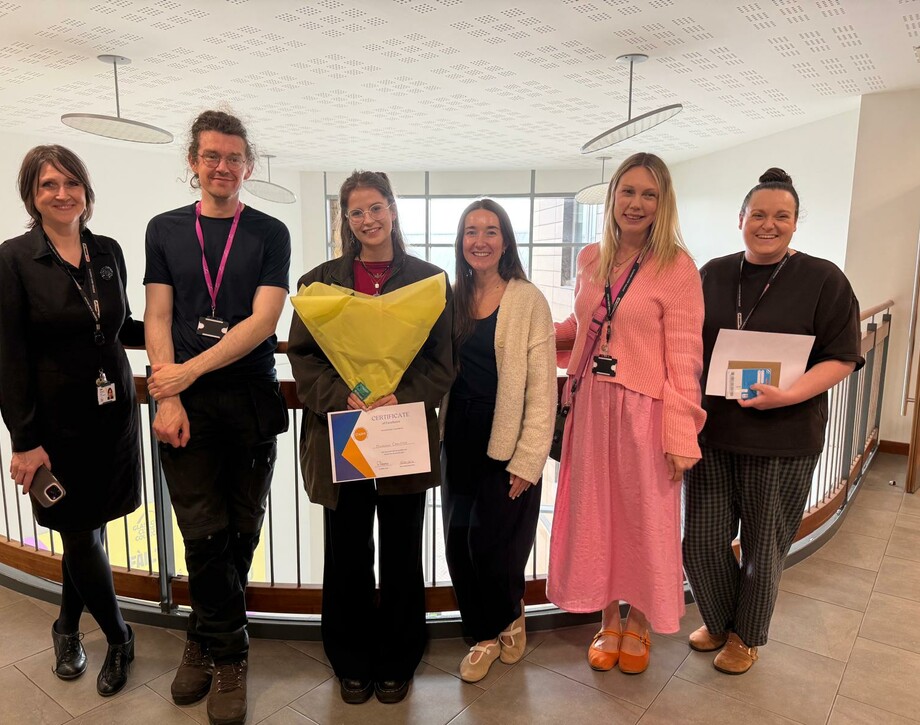 Image shows Muireann standing with members of the Highers lecturing team plus Curriculum Manager Karen Bale and Claire Donaghey.