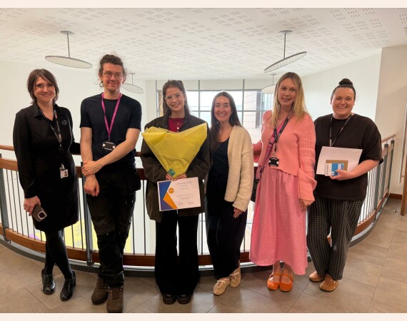 Image shows Muireann standing with members of the Highers lecturing team plus Curriculum Manager Karen Bale and Claire Donaghey.